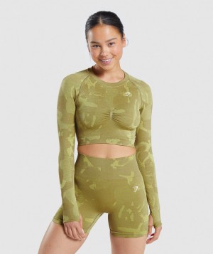 Gymshark Adapt Camo Seamless Top Kurz Geschnittene Oberteile Damen Grün | RZN-508693
